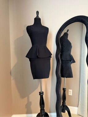 BCBG Black Textured Dress with Peplum Detail, size M